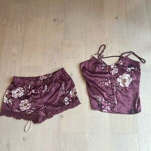 INC Womans Sz MEDIUM  Cami Shorts Pajama Set Pink FLORAL Print Lace Trim